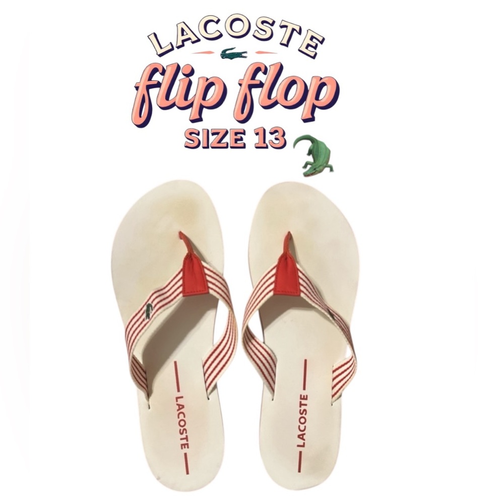 🐊 Lacoste men’s flip flops white foot bed with red/white striped V strap size 12